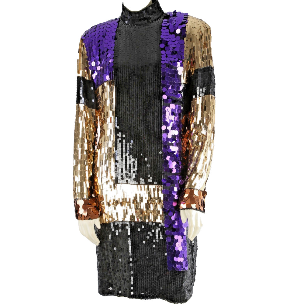 Vintage Cedars Silk Gold Purple Black Sequin Party Dress Long Sleeve Glam Sz 10